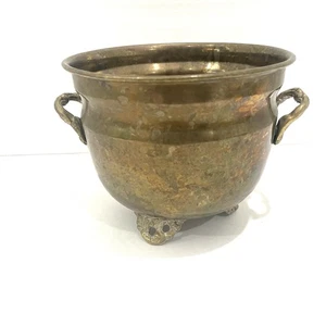 Vintage 3 Fuß kleiner Messing Übertopf Topf mit Griffen Made in India 5,25" Patina - Bild 1 von 11