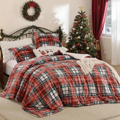 Christmas Queen Comforter Set, Flannel Comforter with Red Plaid, Soft Cozy Fleec - Image 1 of 4