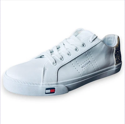Tommy Hilfiger Womens White Gold Glitter Low Top Sneakers Size 10M Casual Shoes - Image 1 of 4