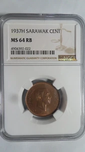 Sarawak Malaysia 1 Cent, 1937 H, NGC MS 64 RB - Picture 1 of 4