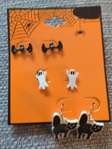 Halloween Earrings 3 PC Set Bats, Black Cat, Ghost  Brand New!! - Picture 1 of 4