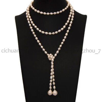 Real Natural 7-8mm White Rice Baroque Pearl Pendant Lariat Long Necklace - Image 1 of 4
