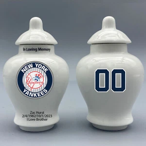 Ceramic Mini Urn for New York Yankees Baseball Theme, Custom Text & Number - Picture 1 of 5
