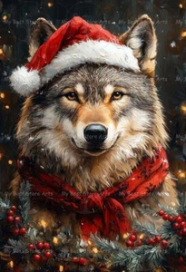 SOMBRERO DE LOBO SANTA IMPRESIÓN ARTÍSTICA, retrato de animales, decoración de Navidad, póster de vacaciones E540 - Imagen 1 de 2