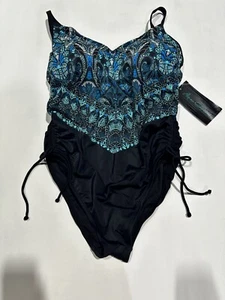 Women's Plus Size Side Cinch One Piece Swimsuit Aqua Green Blue Print 16W, Blue - Picture 1 of 3