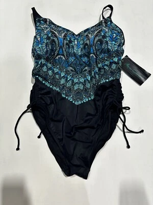 Traje de baño para mujer talla grande cincha lateral de una pieza verde agua estampado azul 16W, azul Foto 1 de 3