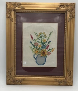 Vtg needle point framed work floral cottage core farmhouse MCM App 18”x14.5” - Picture 1 of 8