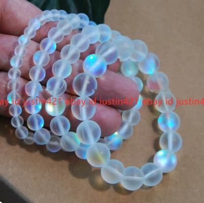 Natural 6/8/10/12mm White Gleamy Rainbow Moonstone Gemstone Bracelet 7.5'' AAA+ - Image 1 of 4