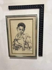 Rare J. Macdonald Henry Lithograph Matted Frames Glass Lady w Goat Rare Name Art - Picture 1 of 14