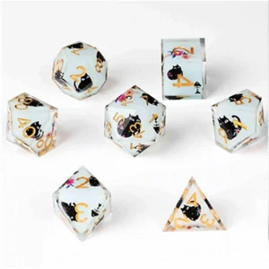 Resin DND Dice Set 7pcs Polyhedral Die Flower Cat Sharp Edge RPG Dungeons Dragon - Picture 1 of 7