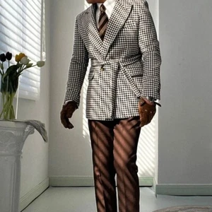 Men Houndstooth Double Breasted Blazer Leisure Groom Prom Tuxedo Jacket Coat - Picture 1 of 15