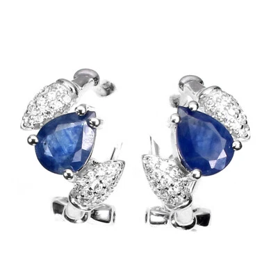 925 Argento Sterling Pera Zaffiro Blu 8x6mm Finto Orecchini Cz - Immagine 1 di 4