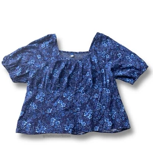 Old Navy Puff Sleeve Smocked Button Down Blouse Navy Blue Floral Women's Size 4X - Picture 1 of 7