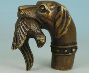 Rare Bronze Hand Carved Dog Bitten Birds Statue Cane Walking Stick Head - Picture 1 of 5