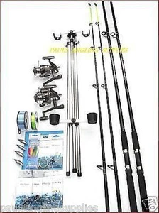 Sea Fishing Beachcaster Kit 14 FT Ocean Rods Reels Tripod Weights Tackle Rigs - Picture 1 of 1