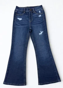 Pantalones de mezclilla elásticos acampanados lavado oscuro para niñas con detalle desgastado - Imagen 1 de 5