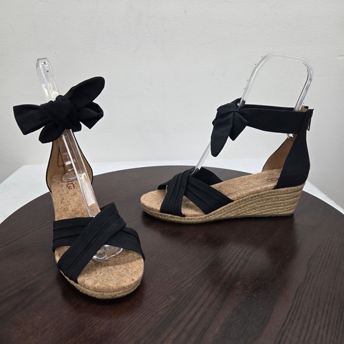 Sandali Ugg Traci espadrillas zeppa donna 9 neri punta aperta fiocco caviglia zip casual