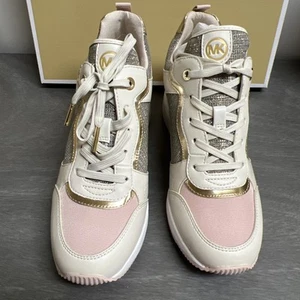 MICHAEL KORS Crista Mixed-Media Sneaker - Weiß mit Silber Glitzer - Größe 7,5 - Bild 1 von 8