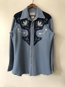 VTG 70s H Bar C Floral Embroidered Two Toned Button Up Western Shirt Blue 15.5 - Picture 1 of 11