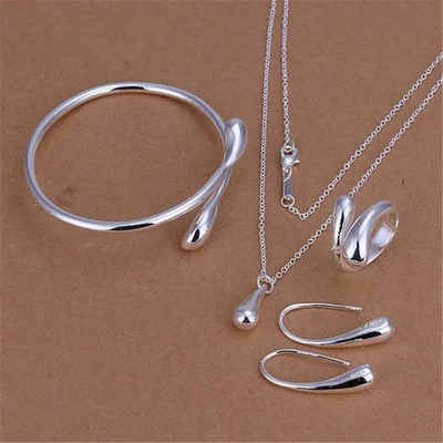 925 Sterling Silver Water drop bangle Bracelet necklace earring ring Jewelry set - Image 1 of 4