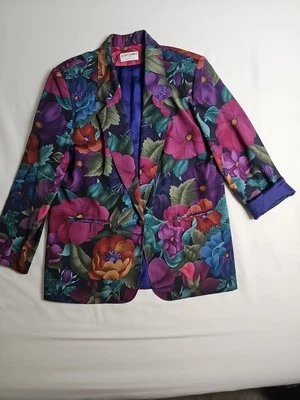 Vtg Bold Deep Color Floral Jacket Power Blazer Womens - Image 1 of 4