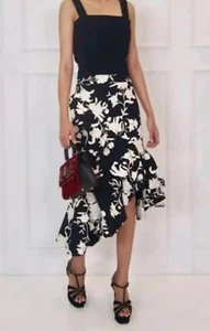 Johanna Ortiz H&M Flounced Skirt 18 Floral Frill Ruffle Assym Hem Lined Cotton - Picture 1 of 13