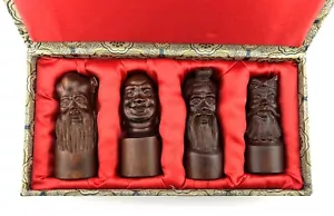 Vintage 4 Piece Chinese Hand Carved Wooden Heads - Place Card Holders in Box - Picture 1 of 7