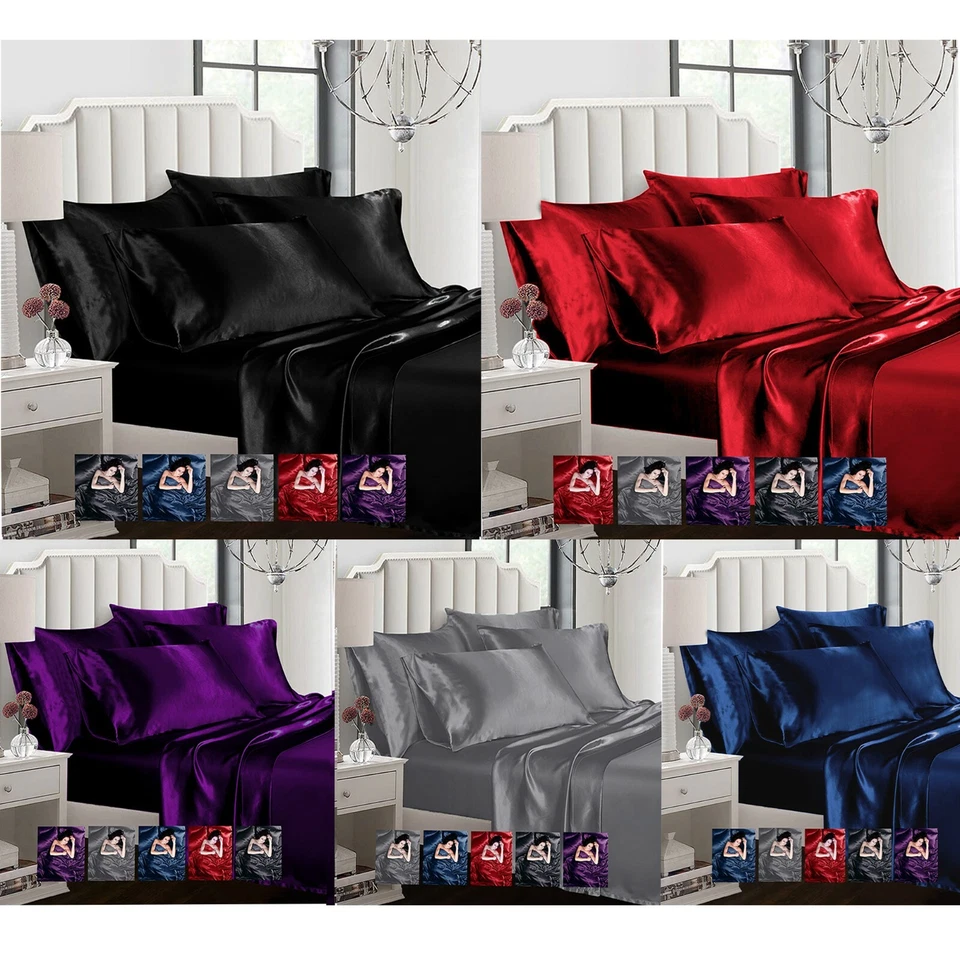 Satin 6pcs Silky Bedding Set Queen/King Duvet Cover Fitted Sheet & 4 Pillowcases - Image 1 of 1