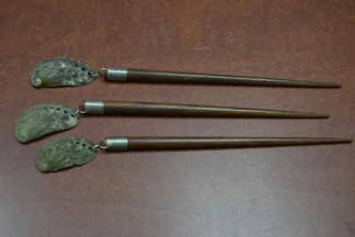 3 PIEZAS PALITOS DE PELO DE MADERA HECHOS A MANO CON CÁSCARA DE ABULÓN VERDE Foto 1 de 2