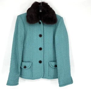 Vtg Peter Nygard Jacket Womens 10 Tweed Fur Collar Old Money Mob Wife 90s - Picture 1 of 11