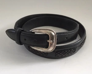 Brighton Black Leather Belt Inset Braid Taper Women's 34 Silver Buckle 90103 - Picture 1 of 9