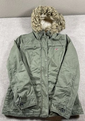 Parka Hollister para mujer grande de piel sintética con capucha botón cremallera chaqueta forrada grande Foto 1 de 4