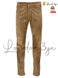 Men Suede Pants Men Tan Real Leather Trousers Men's Tapered Jeans - Picture 1 of 6