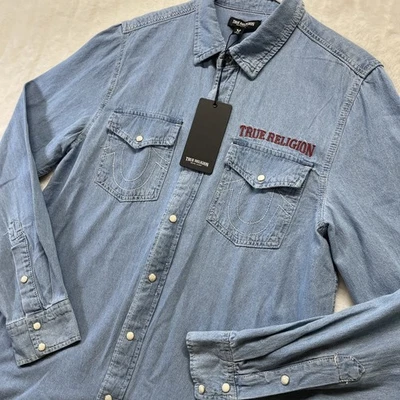 True Religion White Pearl Snap Blissful Chambray LS Western Shirt Men’s S 700246 - Image 1 of 4
