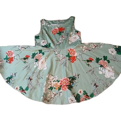 Grace Karin Vacation SwingDress Womens Sz 3X Sage Green Floral Birds Butterflies - Image 1 of 4