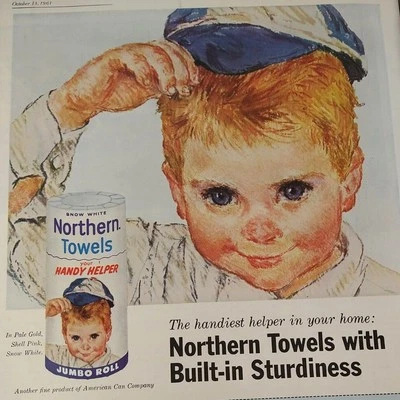 1961 Northern Towels Little Boy azul práctico ayudante sombrero de béisbol de colección anuncio impreso Foto 1 de 4