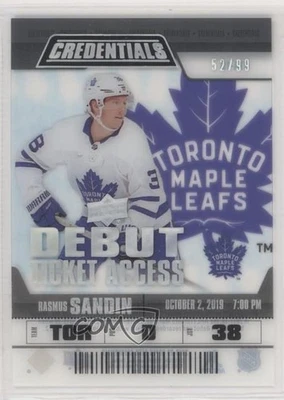 2019-20 Credentials Debut Ticket Access Acetate 52/99 Rasmus Sandin Rookie RC - Image 1 of 3