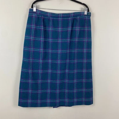 Vintage Pendleton Houndstooth Plaid A-Line Midi Skirt Size 16W Blue Green - Image 1 of 4