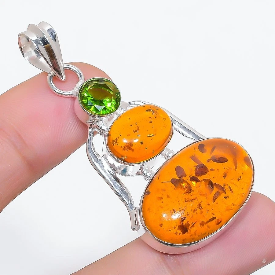 Baltic Amber Gemstone Handmade 925 Sterling Silver Jewelry Pendant Size 2.1" - Image 1 of 1