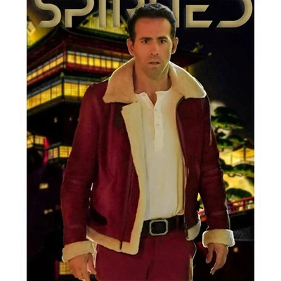 Men's Red Suede Leather Jacket – Faux Fur Bomber – Ryan Reynolds Spirited Movie - Image 1 of 4
