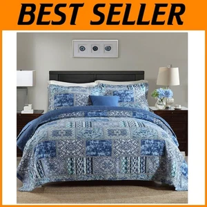 Cotton Queen Bedspread Quilt Set, Blue Bohemian Pattern - Picture 1 of 9