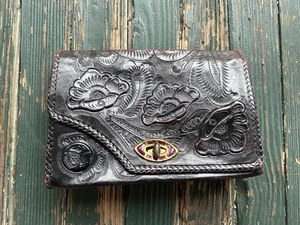 Vintage 1940’s Red Hand Tooled Embossed Leather Handbag Purse - Picture 1 of 18