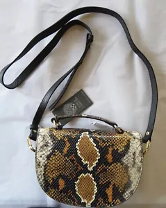 VINCE CAMUTO GROUP ALEKI SNAKE SKIN EMBOSSED LEATHER CROSSBODY BAG, BROWN/BLK - Picture 1 of 10