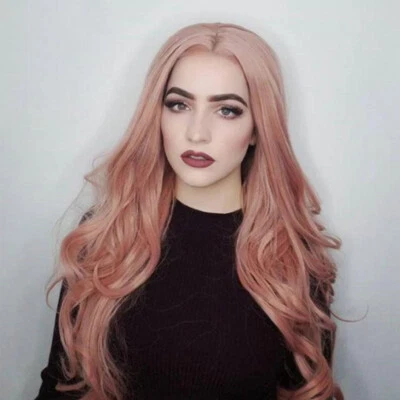 Pelucas delanteras de encaje rosa onda larga para niñas mujeres fiesta pelucas de línea natural sin pegamento  Foto 1 de 4