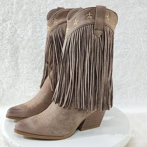 Dusty Mid Calf Coco Taupe Fringe Country Western Cowgirl Boots - Picture 1 of 16
