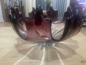 Vintage 1960's70's Hand Blown Murano Glass Jagged Edge Bowl Purple/Clear - Picture 1 of 10