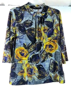 Women Sz L Blouse Gray Black Purple Gold Flower & Random Design Stretch Fit  - Picture 1 of 6