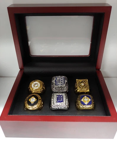 Detroit Tigers - World Series AL Pennant 6 Ring Set With Wooden Display Box Cover
