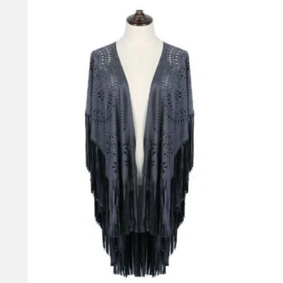 Women Capes Ponchos Cardigan Cloak Suede Floral Hollow Out Fringe Tassel Shawl - Image 1 of 2