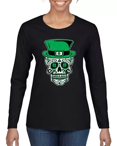 Camisa San Patricio Día de los Muertos Calavera de Azúcar Mujeres Mangas Largas - Imagen 1 de 5